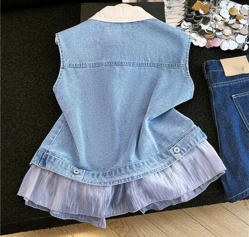 Womens Mesh Patchwork Vest Sleeveless Jean Waistcoat Lapel Collar Button Front Cropped Jacket