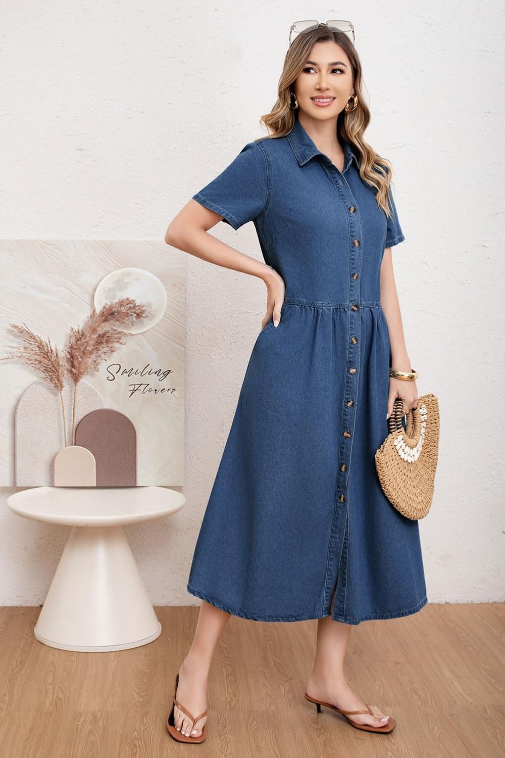 Womens Dress Lapel Short Sleeve Frayed Hem Jean Dresses Oversized Button Down A Line Shirt Dress