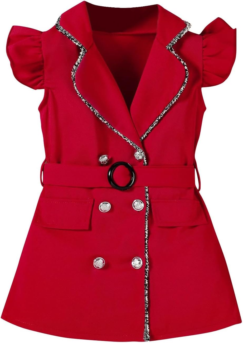 Girls Double Breasted Summer Mini Dresses Elegant Ruffle Sleeveless Belted Blazer Dress for -8 Years