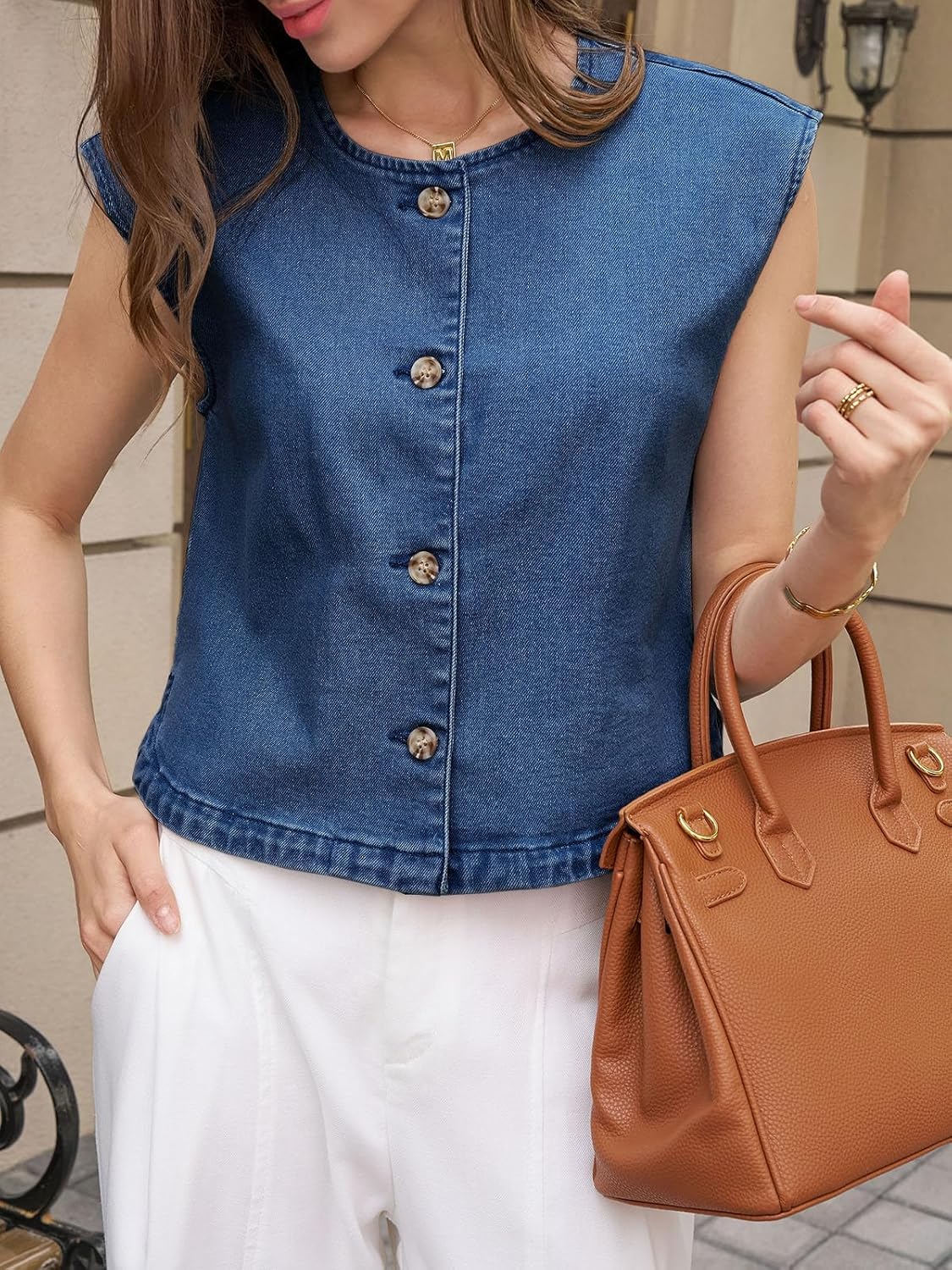 Womens Cropped Cap Sleeve Vest Summer Button Down Jean Tank Tops Trendy Casual Waistcoats