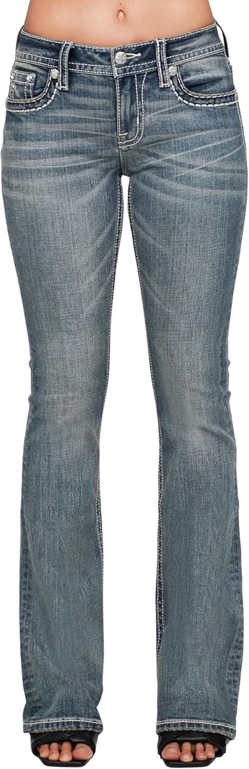 Women's Sloane Border Stitched Faux Flap Pockets Mid-Rise Bootcut Jeans