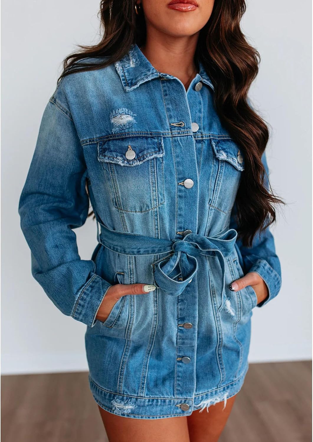 Women's Distressed Jacket Button Down Long Sleeve Ripped Spring Fall Oversized Jean Mini Dress Outerwear