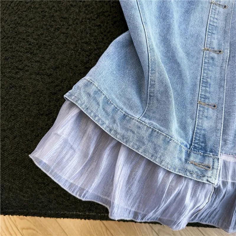Womens Mesh Patchwork Vest Sleeveless Jean Waistcoat Lapel Collar Button Front Cropped Jacket