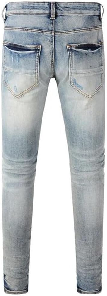 Men's Wrinkle Design Washed Stretch Slim Fit Patch Jeans