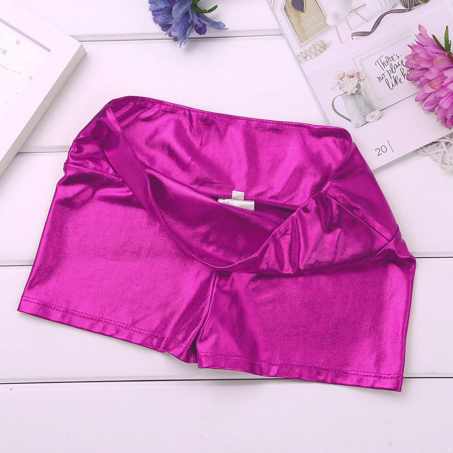 Girls Youth High Waist Stretchy Gymnastics Basics Shiny Metallic Dance Booty Shorts